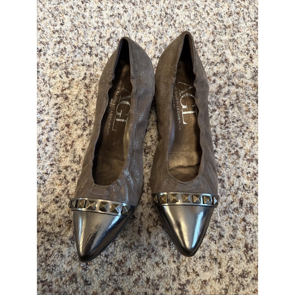 AGL Attilio Giusti Leombruni Pointy Toe Block Heels Patent Leather Studs Sz 40